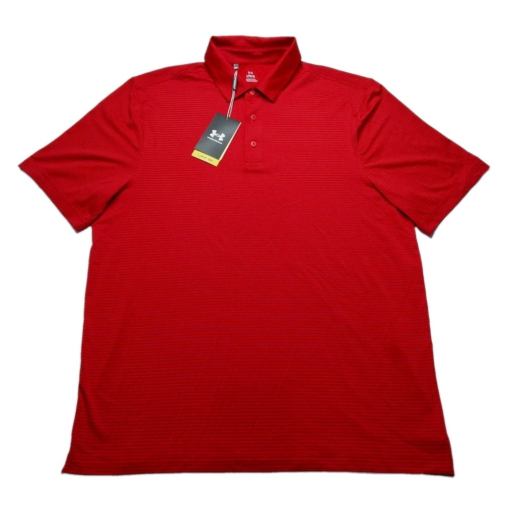 NWT Under Armour Golf Polo UPF 50 men's L Red Gray Stripe